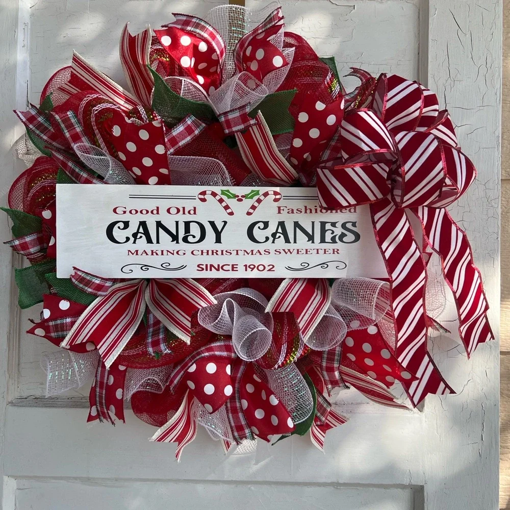 Festive Red and White Candy Cane Wreath
